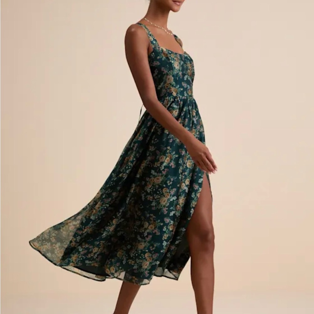 Lulu's Dark Green Floral Midi Dress with Side Slit